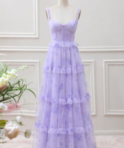 Lavender Corset Tiered Maxi Dress with Floral Tulle & Spaghetti Straps