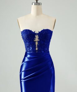 Royal Blue Strapless Bodycon Mini Dress with Beaded Lace Bodice & Front Cutout