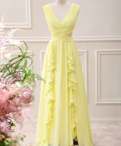 Lemon Yellow V-Neck Chiffon Maxi Dress with Ruffle Details & Waist Cutout