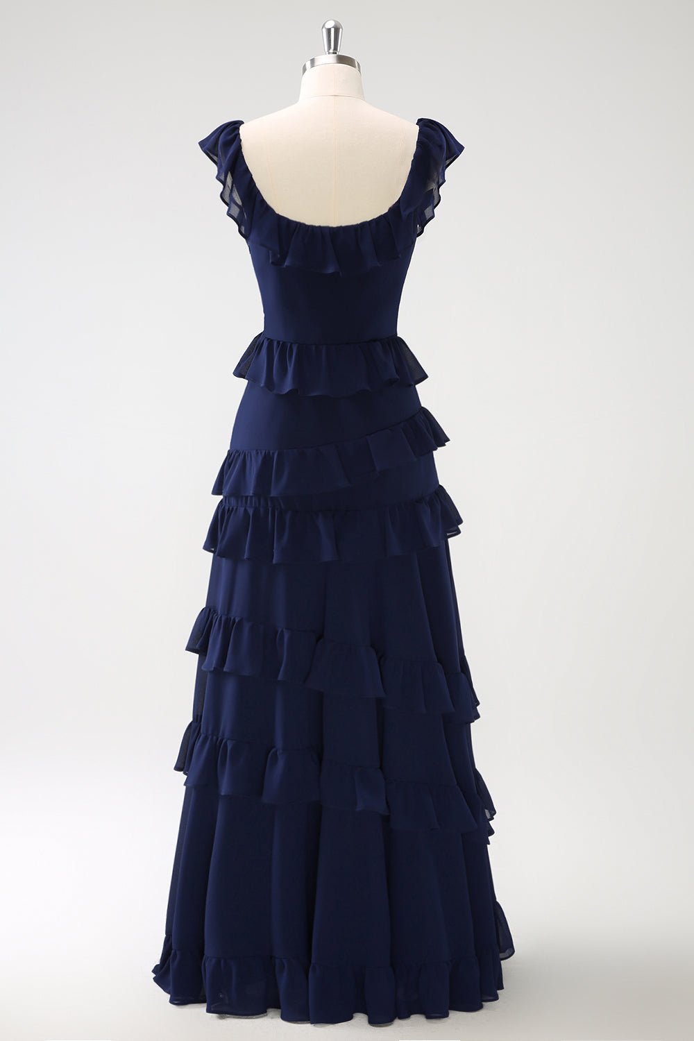 Dark Navy Tiered Chiffon A-Line Maxi Bridesmaid Dress with Ruffle Sleeves - Image 2