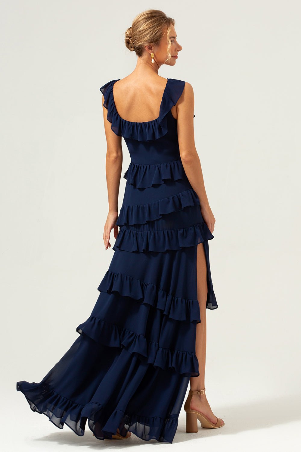 Dark Navy Tiered Chiffon A-Line Maxi Bridesmaid Dress with Ruffle Sleeves - Image 4