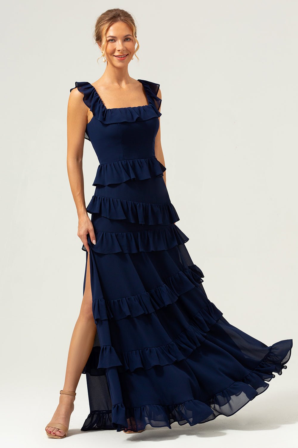 Dark Navy Tiered Chiffon A-Line Maxi Bridesmaid Dress with Ruffle Sleeves - Image 3