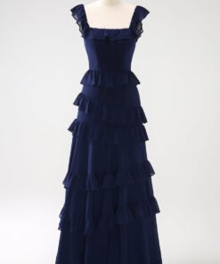 Dark Navy Tiered Chiffon A-Line Maxi Bridesmaid Dress with Ruffle Sleeves