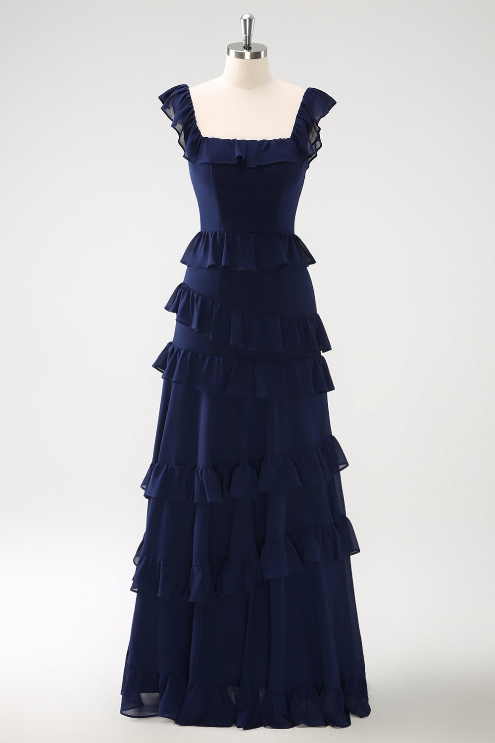 Dark Navy Tiered Chiffon A-Line Maxi Bridesmaid Dress with Ruffle Sleeves