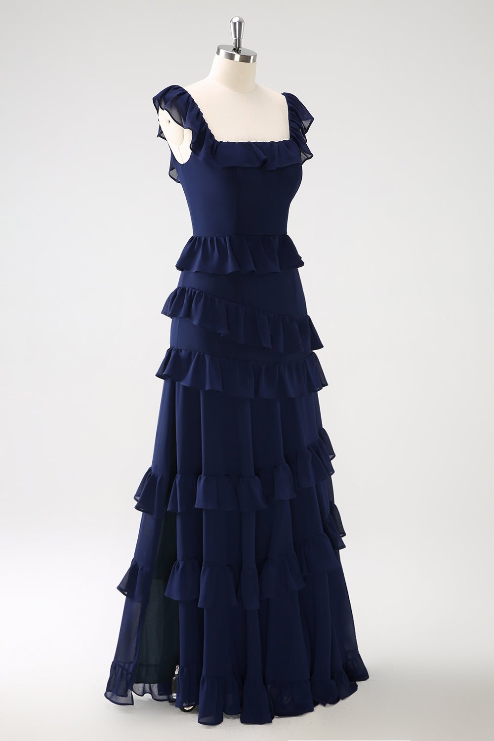 Dark Navy Tiered Chiffon A-Line Maxi Bridesmaid Dress with Ruffle Sleeves - Image 5
