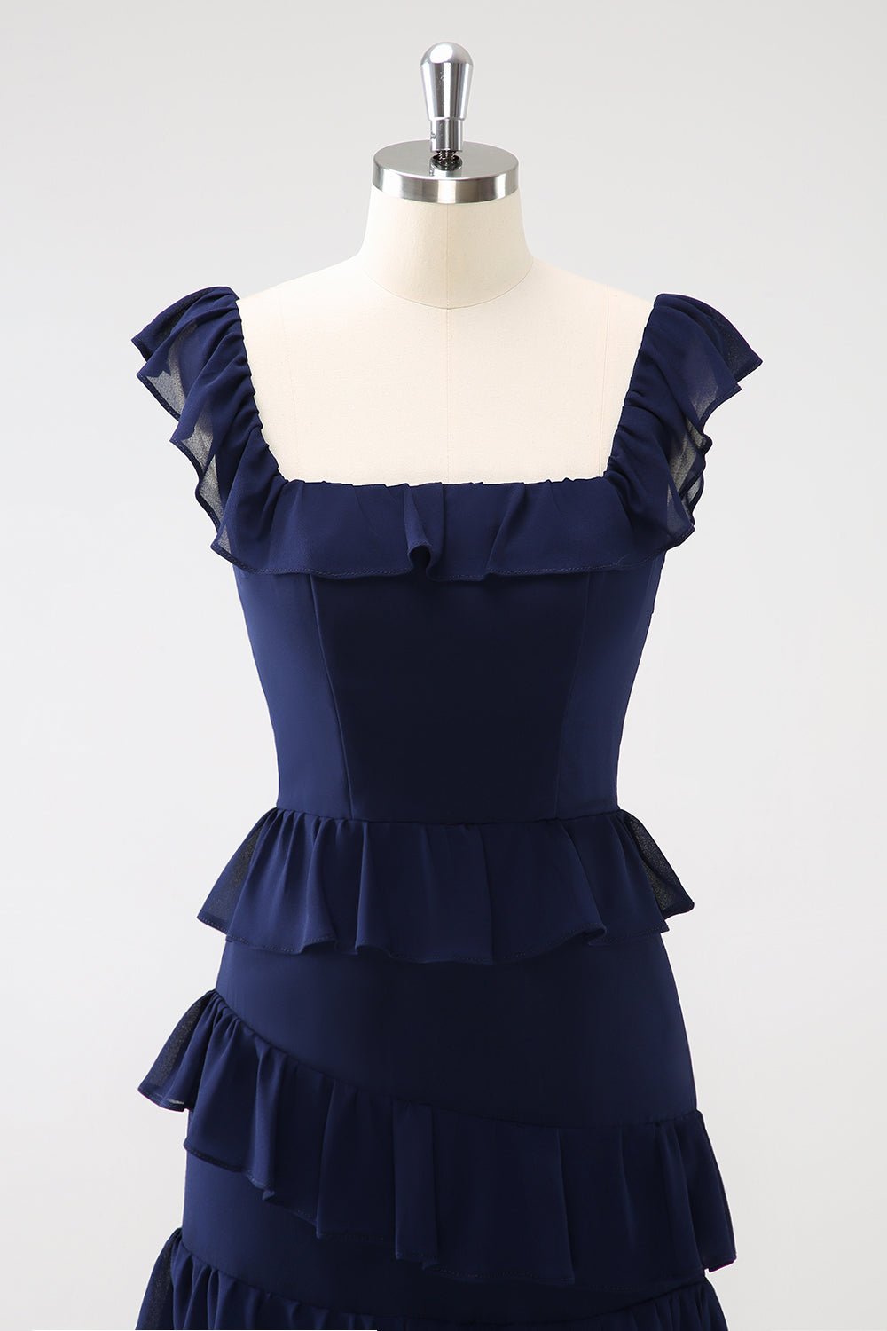 Dark Navy Tiered Chiffon A-Line Maxi Bridesmaid Dress with Ruffle Sleeves - Image 6