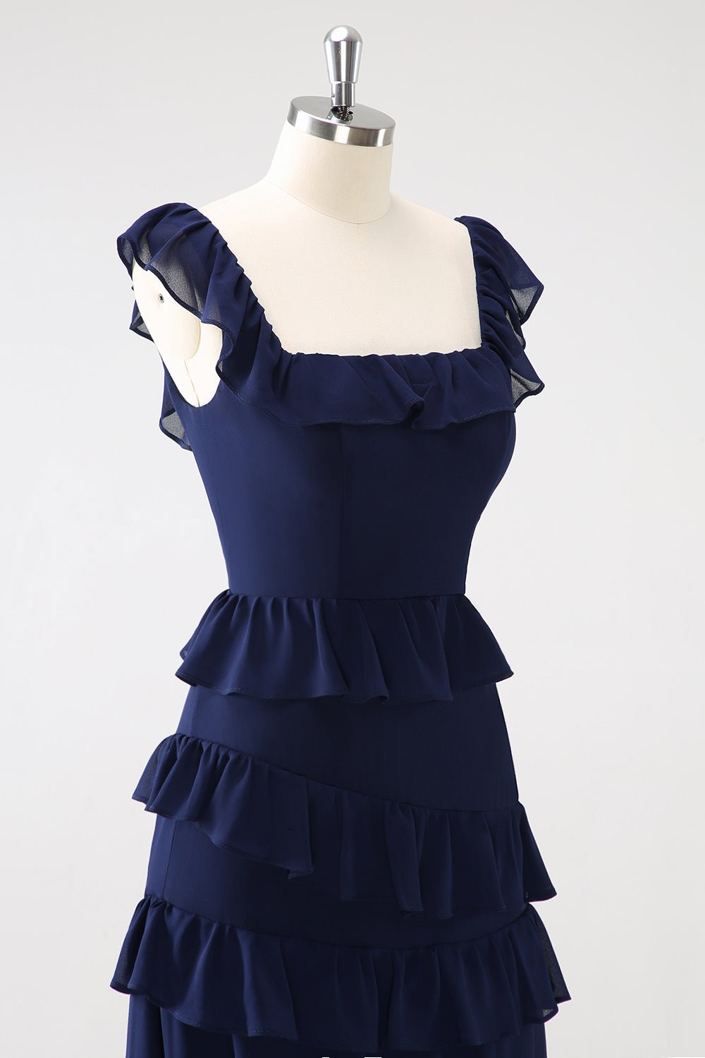 Dark Navy Tiered Chiffon A-Line Maxi Bridesmaid Dress with Ruffle Sleeves - Image 8