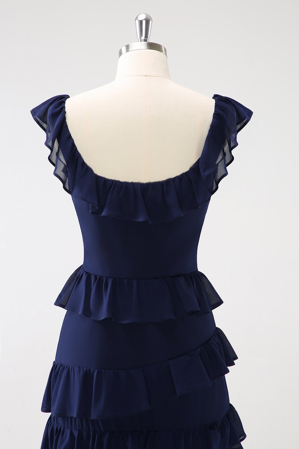 Dark Navy Tiered Chiffon A-Line Maxi Bridesmaid Dress with Ruffle Sleeves - Image 7