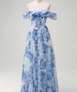 Blue Floral Corset Off-the-Shoulder Maxi Dress – Romantic A-Line Formal Gown