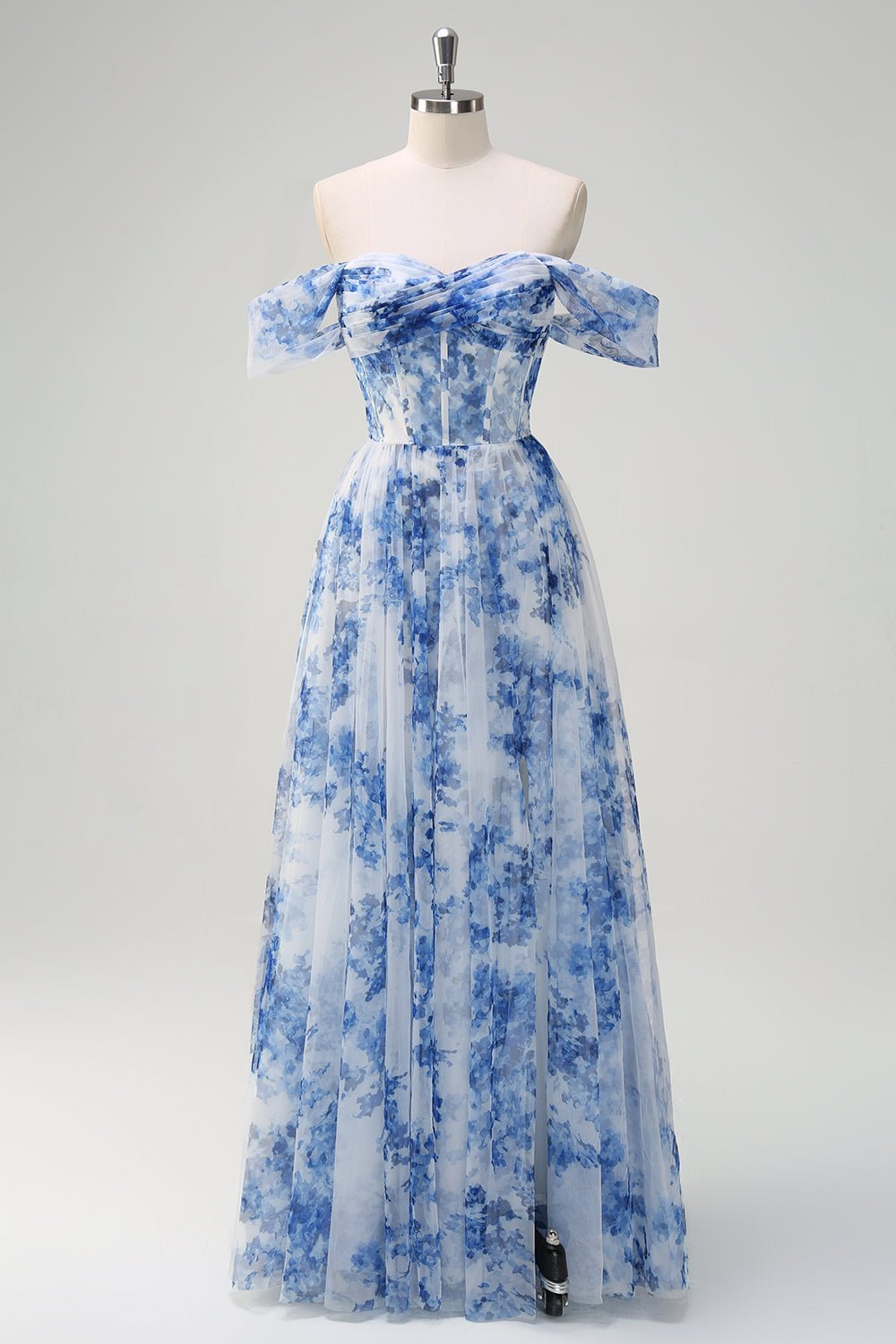 Blue Floral Corset Off-the-Shoulder Maxi Dress – Romantic A-Line Formal Gown