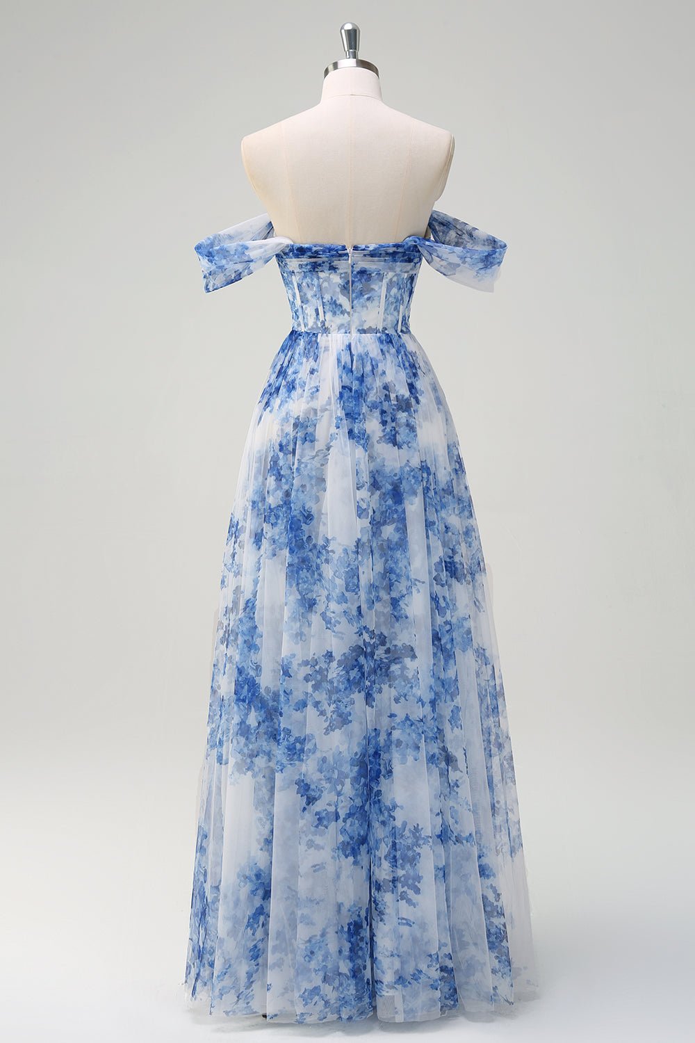 Blue Floral Corset Off-the-Shoulder Maxi Dress – Romantic A-Line Formal Gown - Image 2