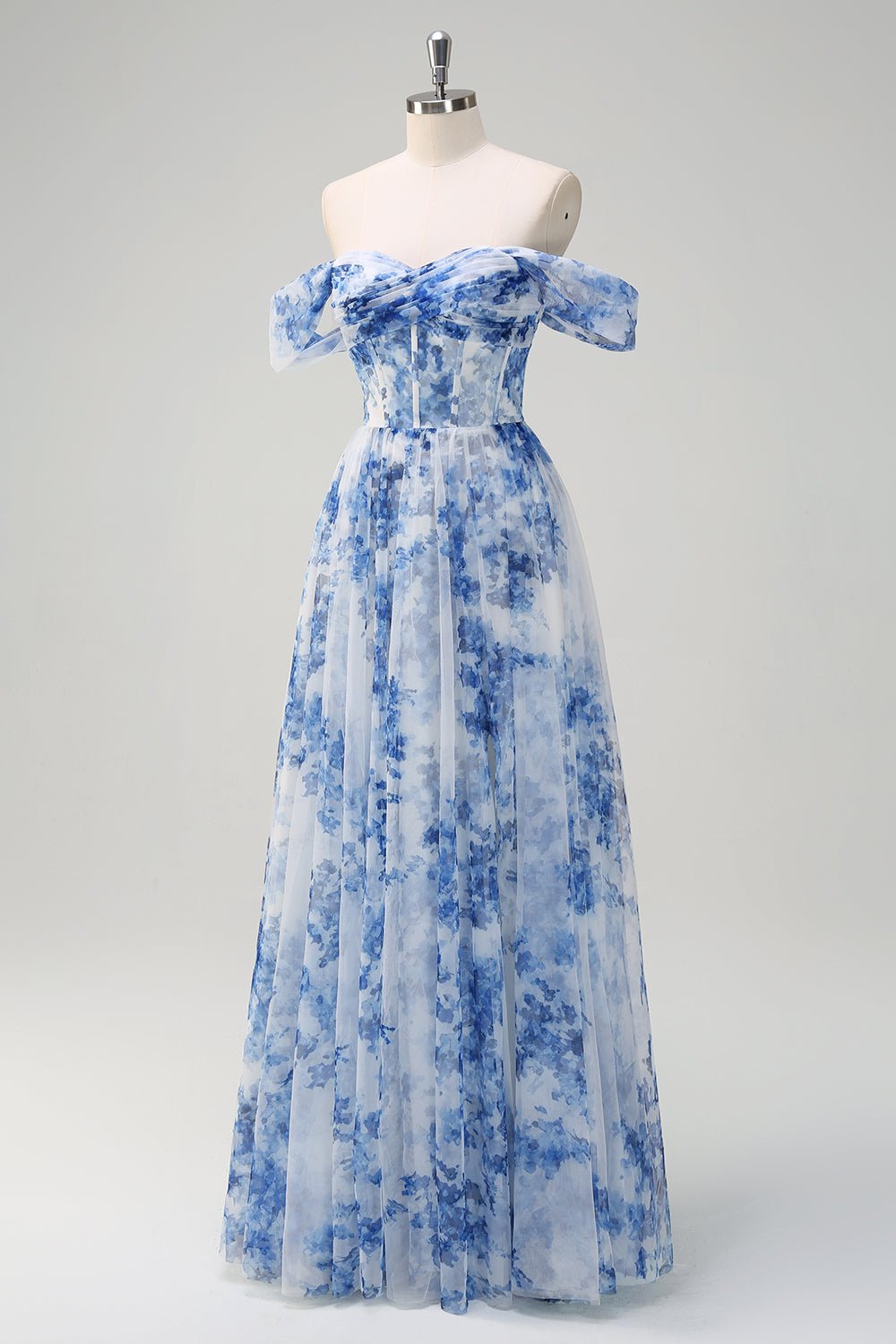 Blue Floral Corset Off-the-Shoulder Maxi Dress – Romantic A-Line Formal Gown - Image 3