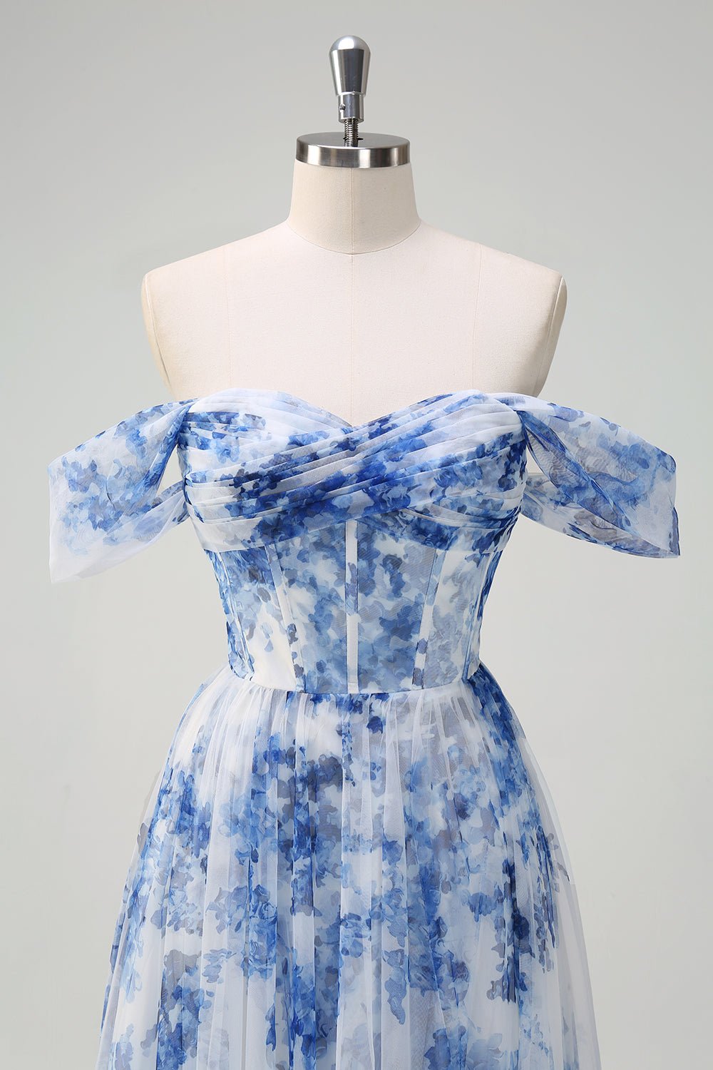 Blue Floral Corset Off-the-Shoulder Maxi Dress – Romantic A-Line Formal Gown - Image 4