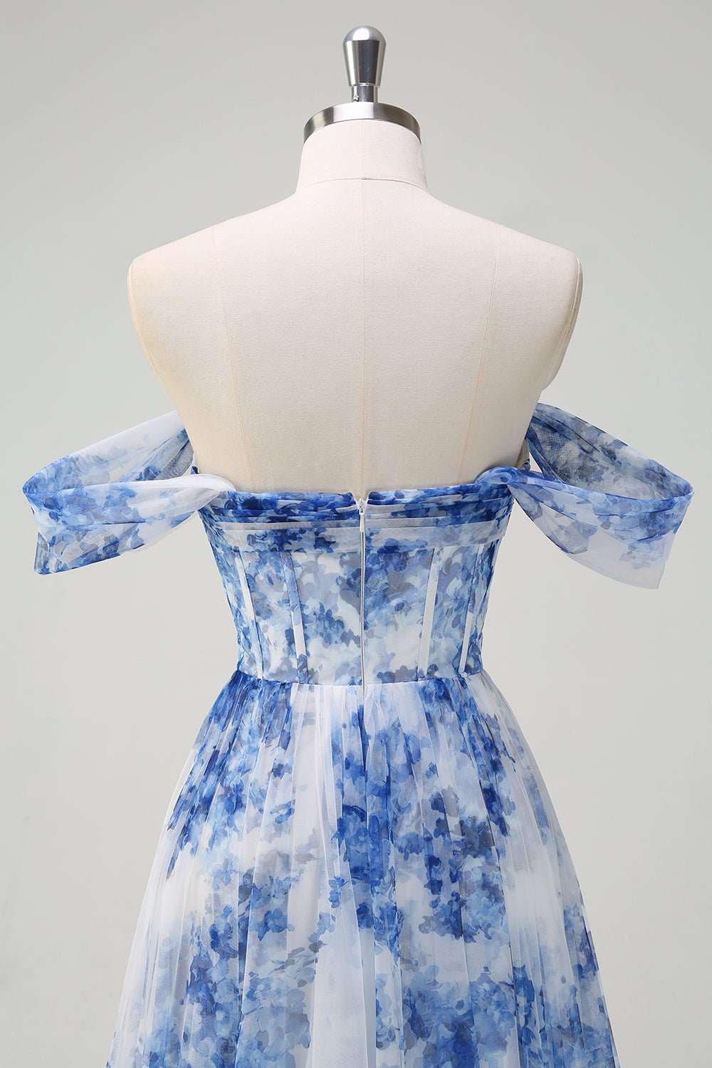Blue Floral Corset Off-the-Shoulder Maxi Dress – Romantic A-Line Formal Gown - Image 5