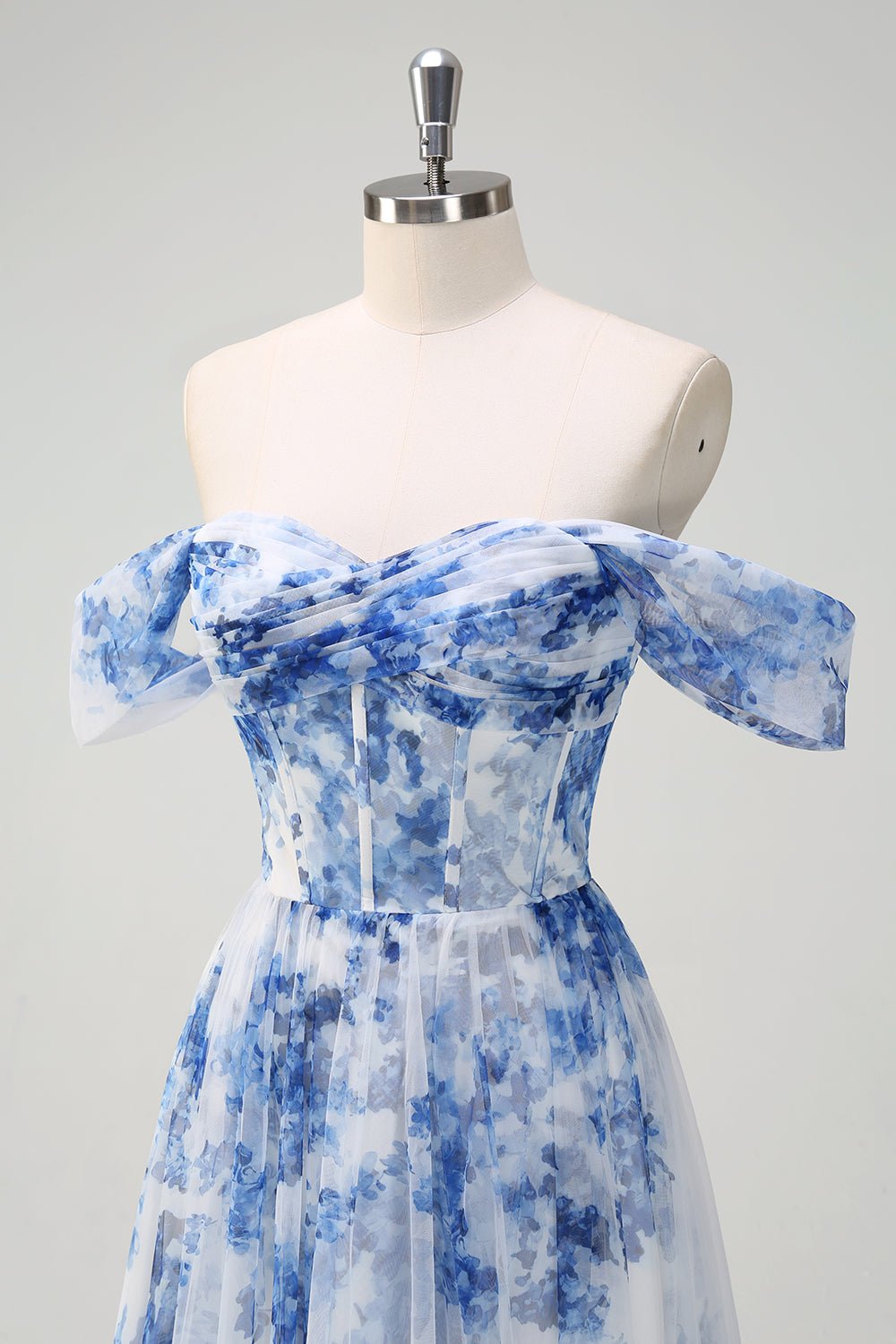 Blue Floral Corset Off-the-Shoulder Maxi Dress – Romantic A-Line Formal Gown - Image 6