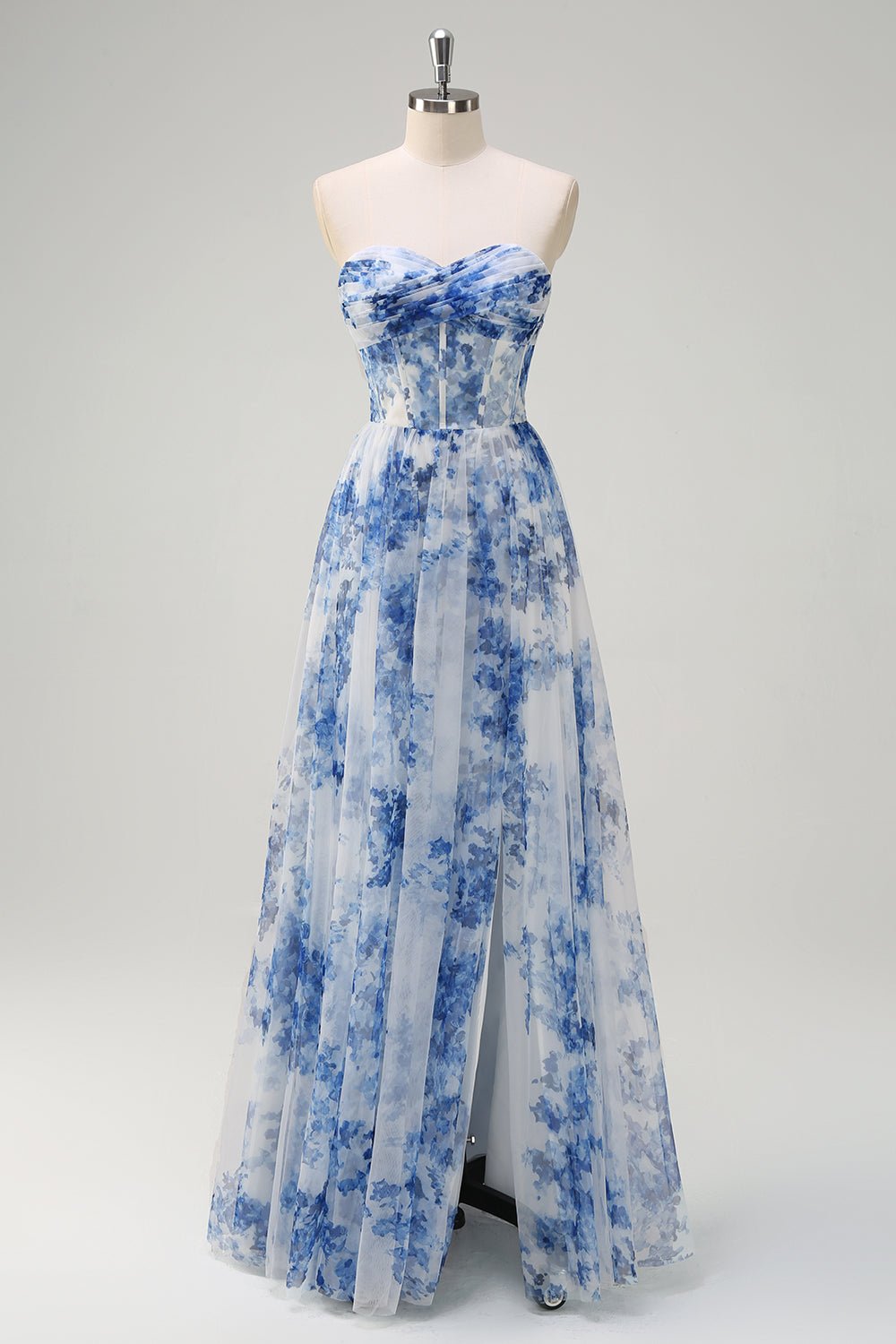 Blue Floral Corset Off-the-Shoulder Maxi Dress – Romantic A-Line Formal Gown - Image 7