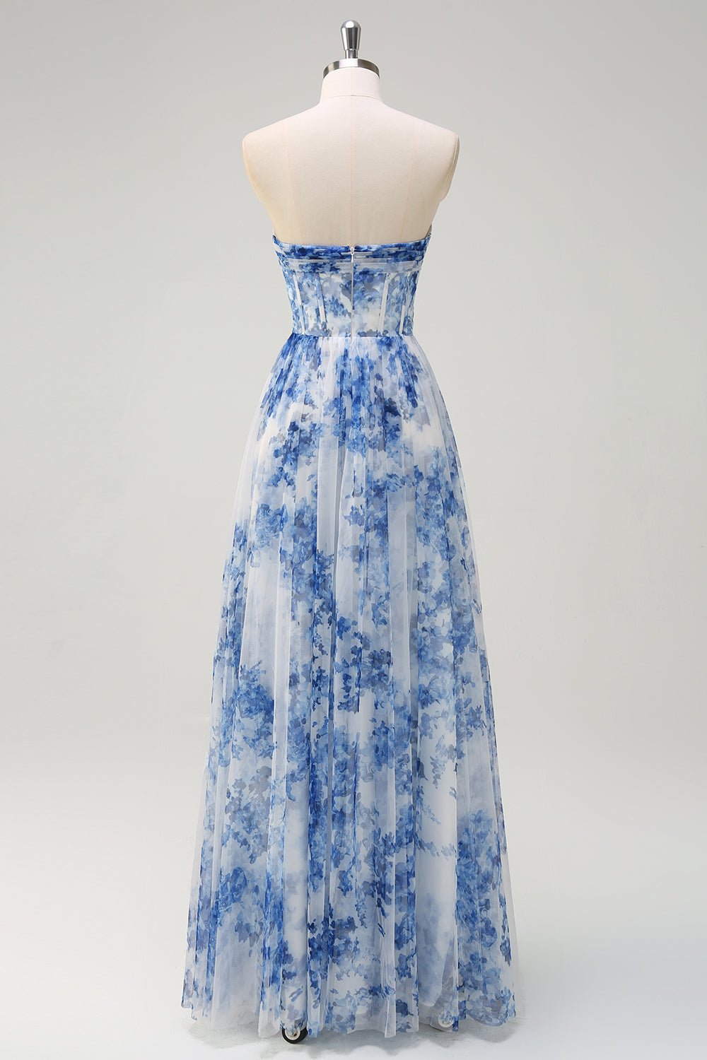 Blue Floral Corset Off-the-Shoulder Maxi Dress – Romantic A-Line Formal Gown - Image 8