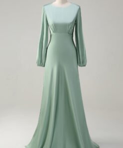 Modest Sage Long Sleeve Bridesmaid Gown with Round Neck A-Line Silhouette