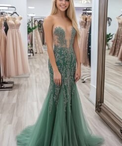 Agave Green Sweetheart Lace Tulle Sheath Prom Dress with Illusion Bodice