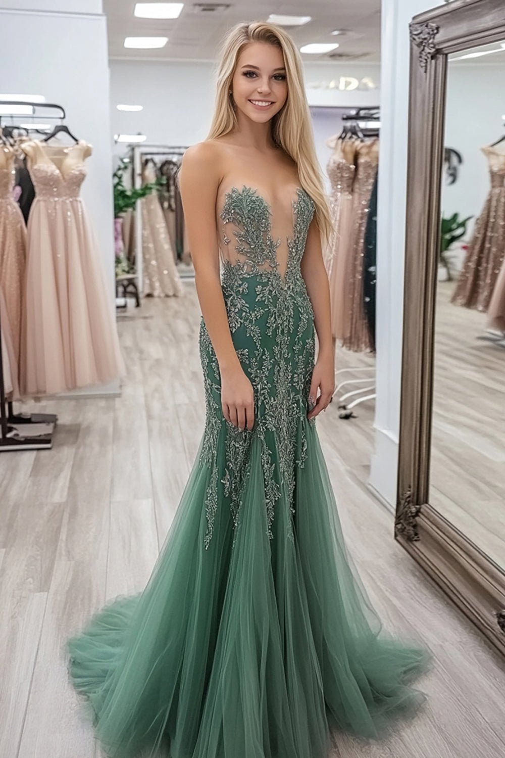 Agave Green Sweetheart Lace Tulle Sheath Prom Dress with Illusion Bodice