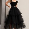 Black Tea-Length Tulle A-Line Prom Dress with Ruffle Shoulder Straps