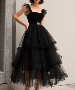 Black Tea-Length Tulle A-Line Prom Dress with Ruffle Shoulder Straps