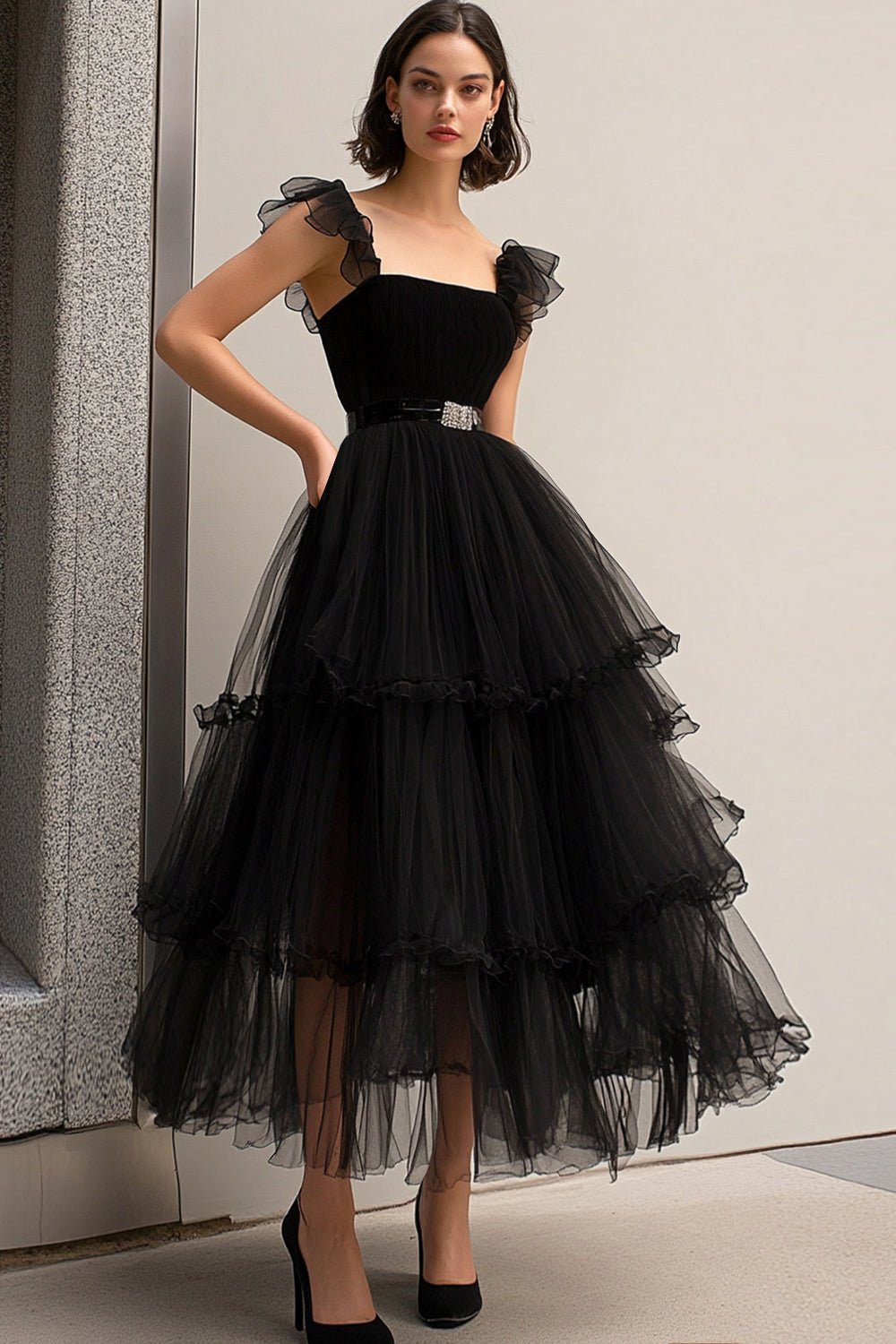 Black Tea-Length Tulle A-Line Prom Dress with Ruffle Shoulder Straps