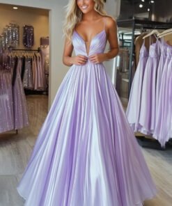 Light Purple A-Line Pleated Prom Dress with Spaghetti Straps & Deep V-Neckline