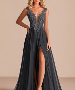 Charcoal A-Line Mother of the Bride Gown with Lace Appliqué V-Neck & Side Slit