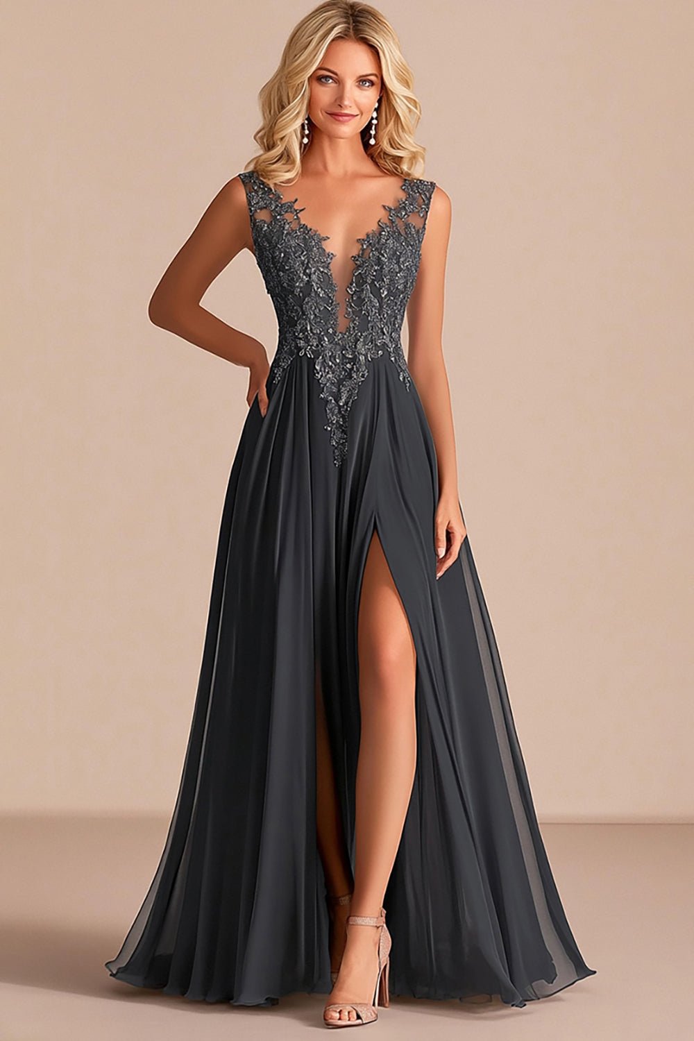 Charcoal A-Line Mother of the Bride Gown with Lace Appliqué V-Neck & Side Slit