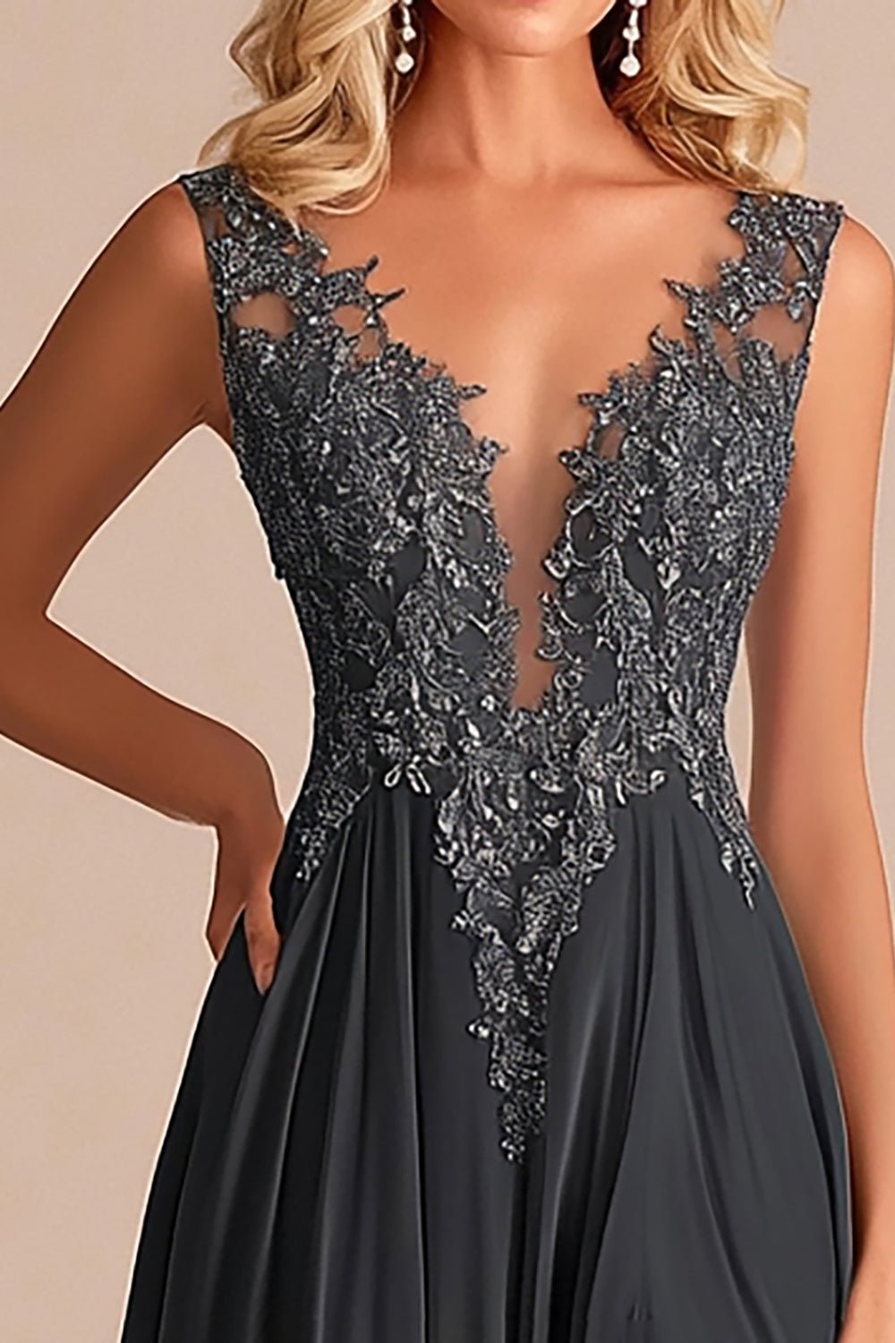 Charcoal A-Line Mother of the Bride Gown with Lace Appliqué V-Neck & Side Slit - Image 2