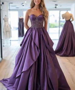Royal Purple Strapless Beaded Taffeta Prom Gown with Ruffle A-Line Skirt