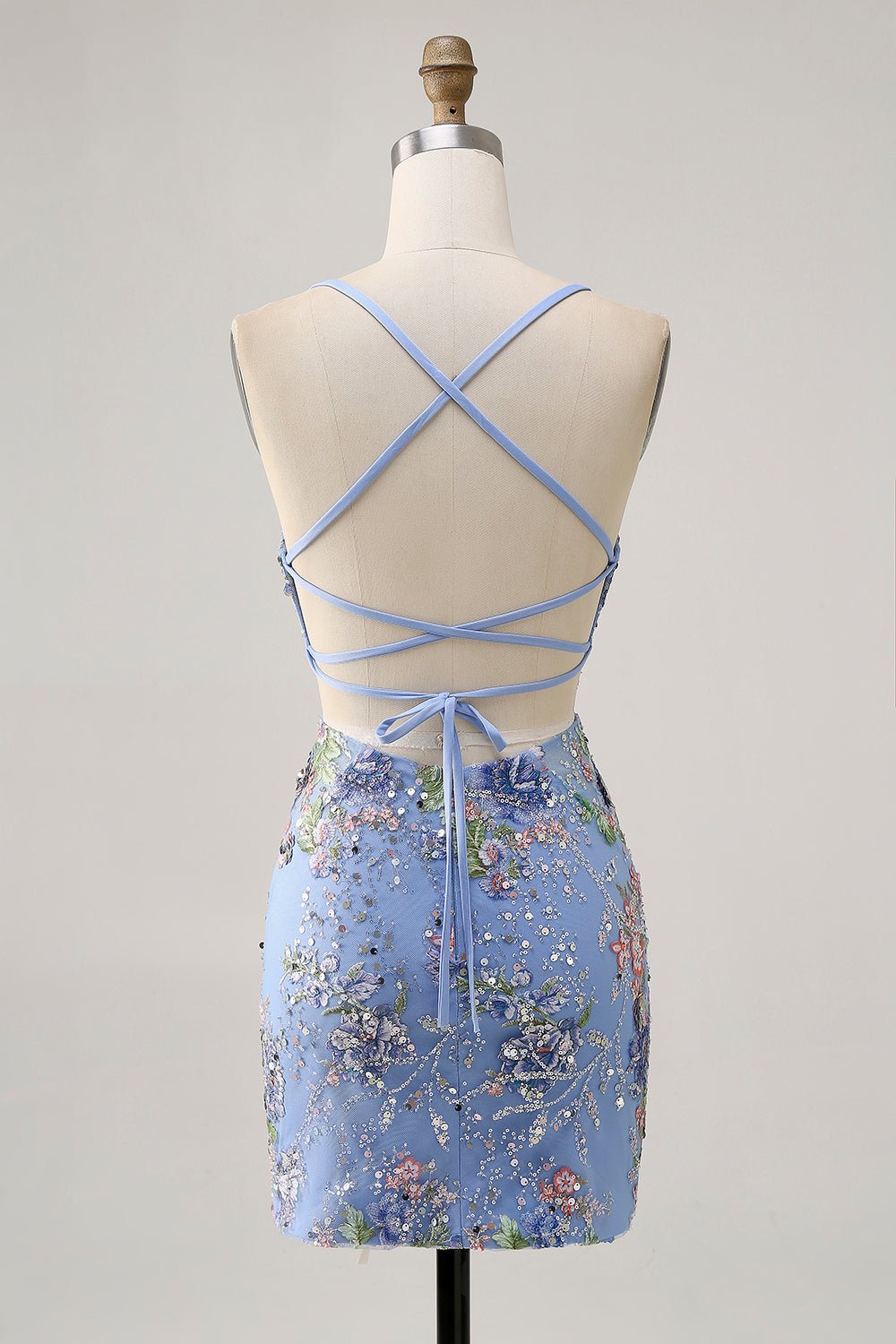 Pink Floral Sequin Bodycon Homecoming Dress with Lace-Up Back - Image 16