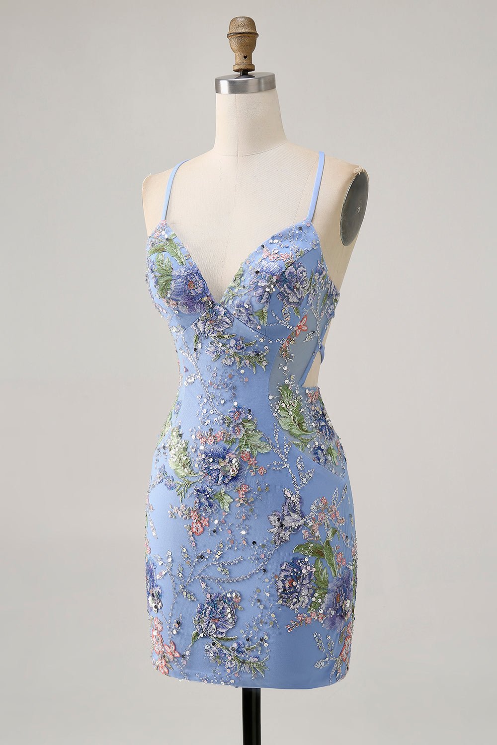Pink Floral Sequin Bodycon Homecoming Dress with Lace-Up Back - Image 17