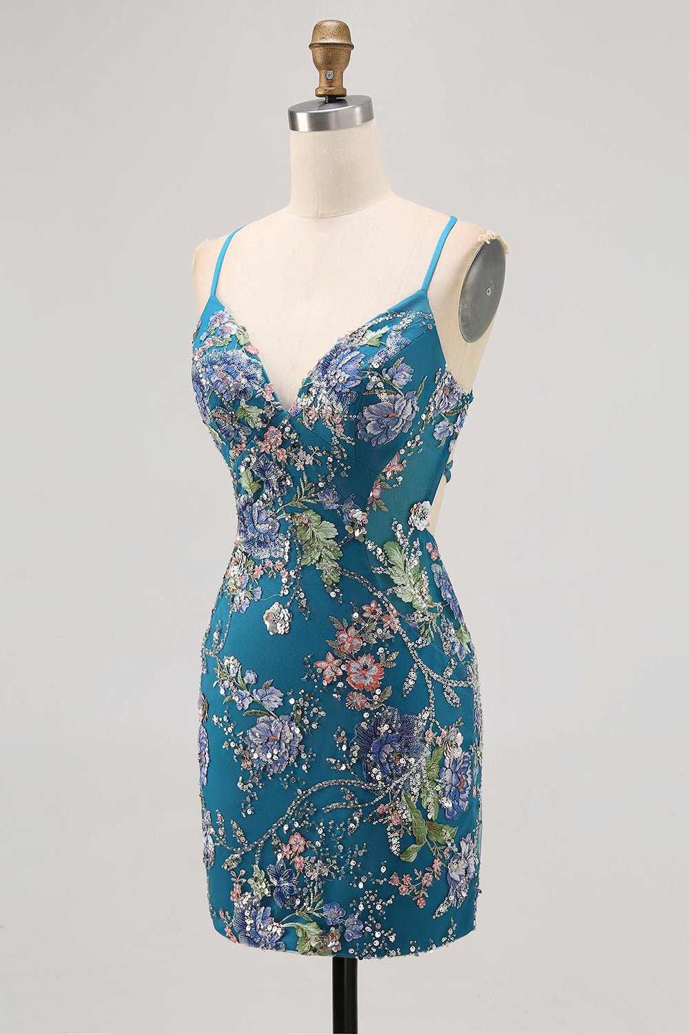 Pink Floral Sequin Bodycon Homecoming Dress with Lace-Up Back - Image 24
