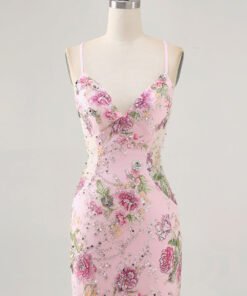 Pink Floral Sequin Bodycon Homecoming Dress with Lace-Up Back