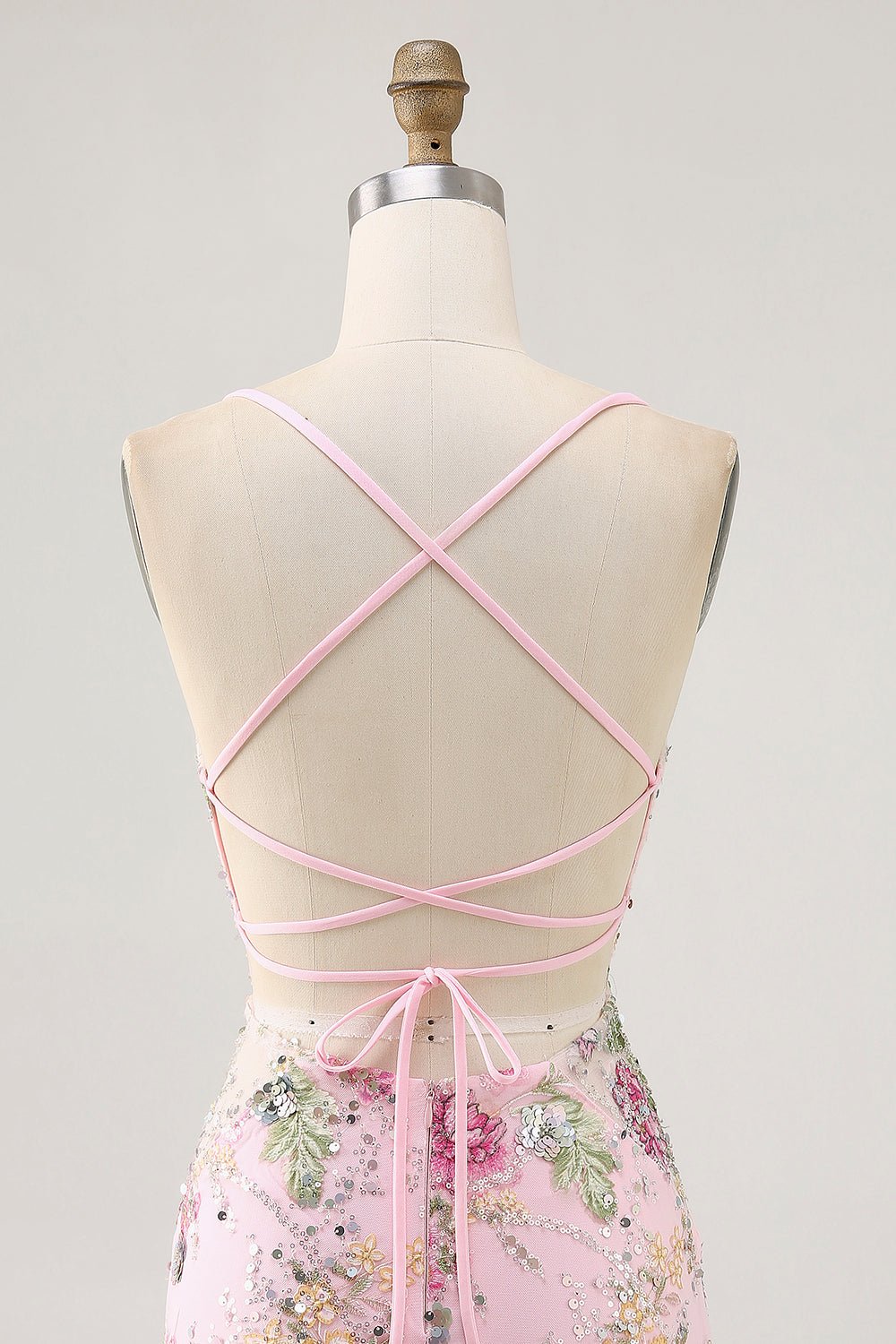 Pink Floral Sequin Bodycon Homecoming Dress with Lace-Up Back - Image 7