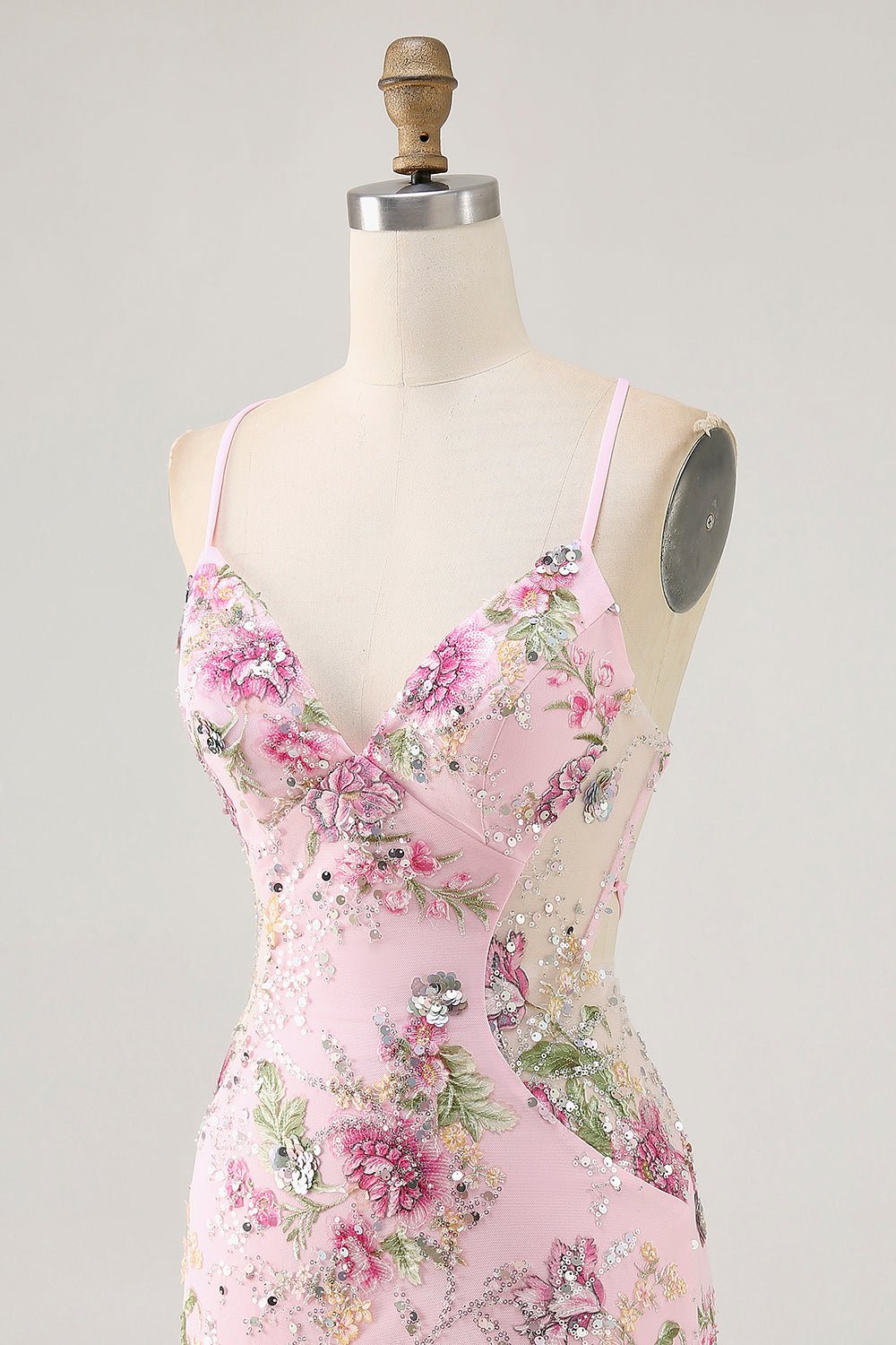 Pink Floral Sequin Bodycon Homecoming Dress with Lace-Up Back - Image 8