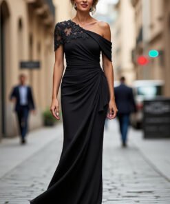 Black One-Shoulder Mermaid Mother of the Bride Gown with Floral Lace Appliqué