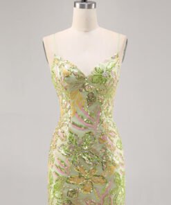 Sparkly Sage Green Sequin Bodycon Homecoming Dress with Spaghetti Straps