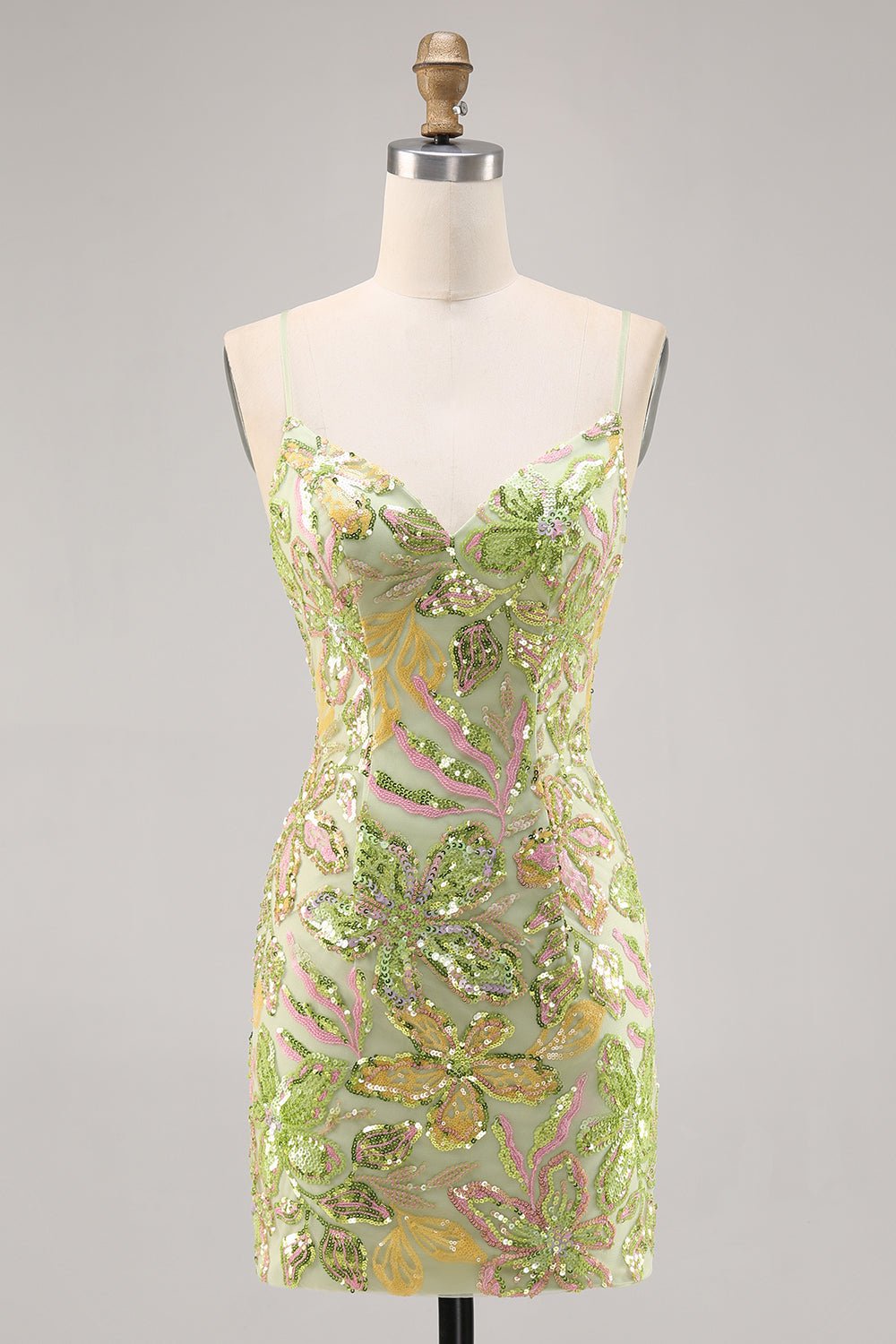 Sparkly Sage Green Sequin Bodycon Homecoming Dress with Spaghetti Straps