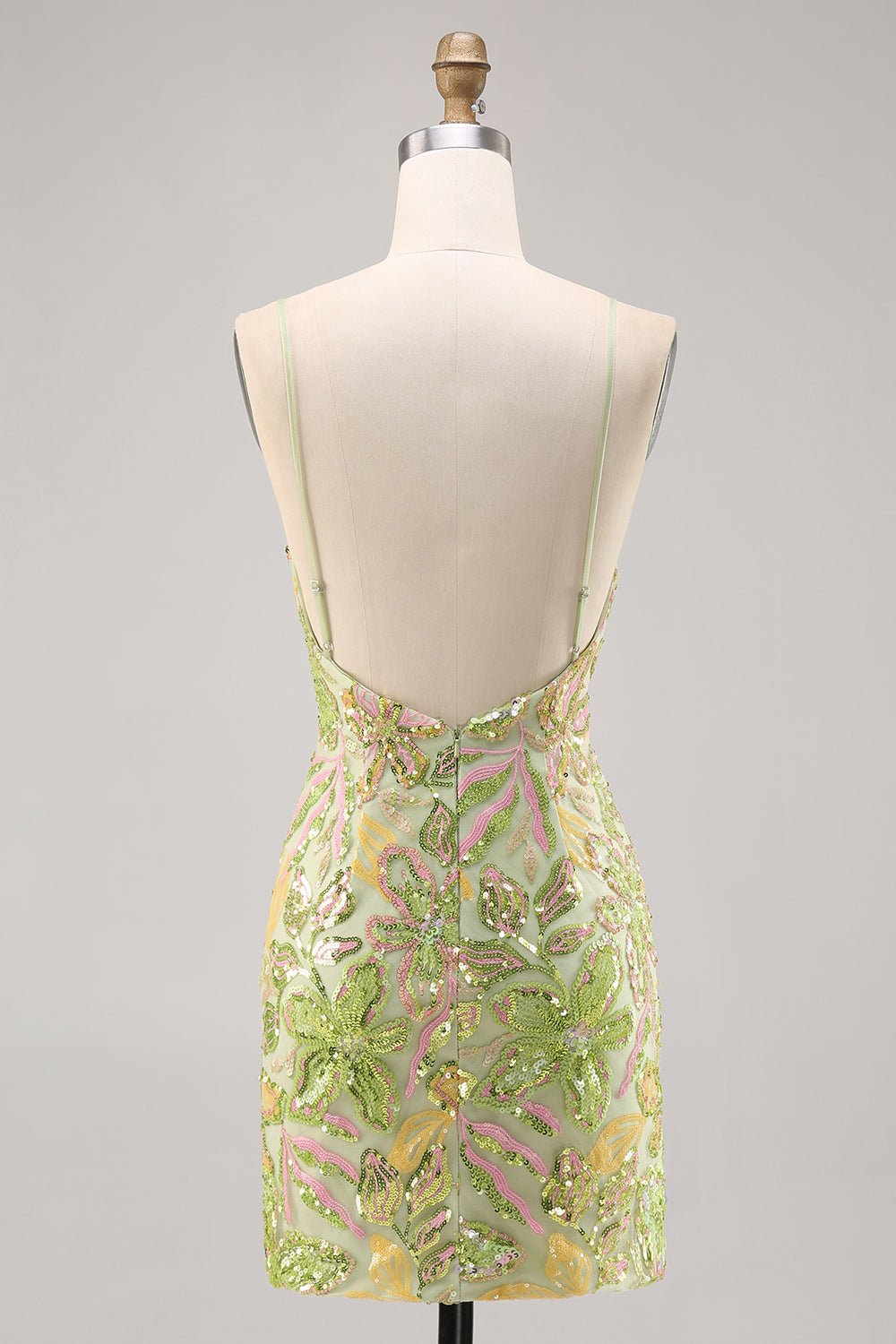 Sparkly Sage Green Sequin Bodycon Homecoming Dress with Spaghetti Straps - Image 2