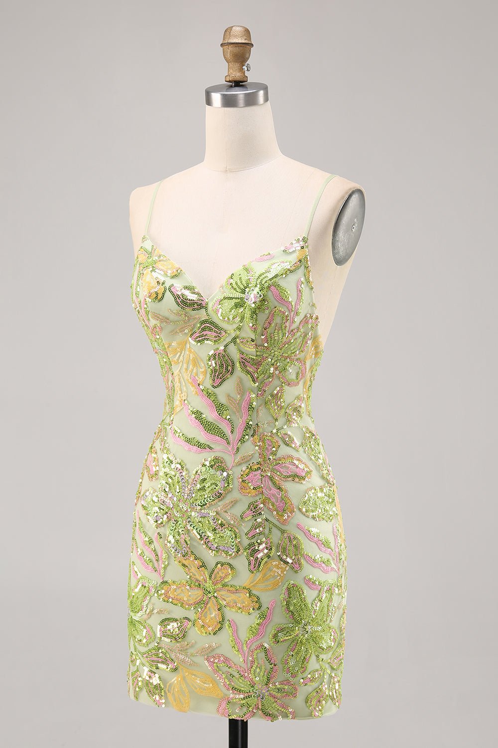 Sparkly Sage Green Sequin Bodycon Homecoming Dress with Spaghetti Straps - Image 3