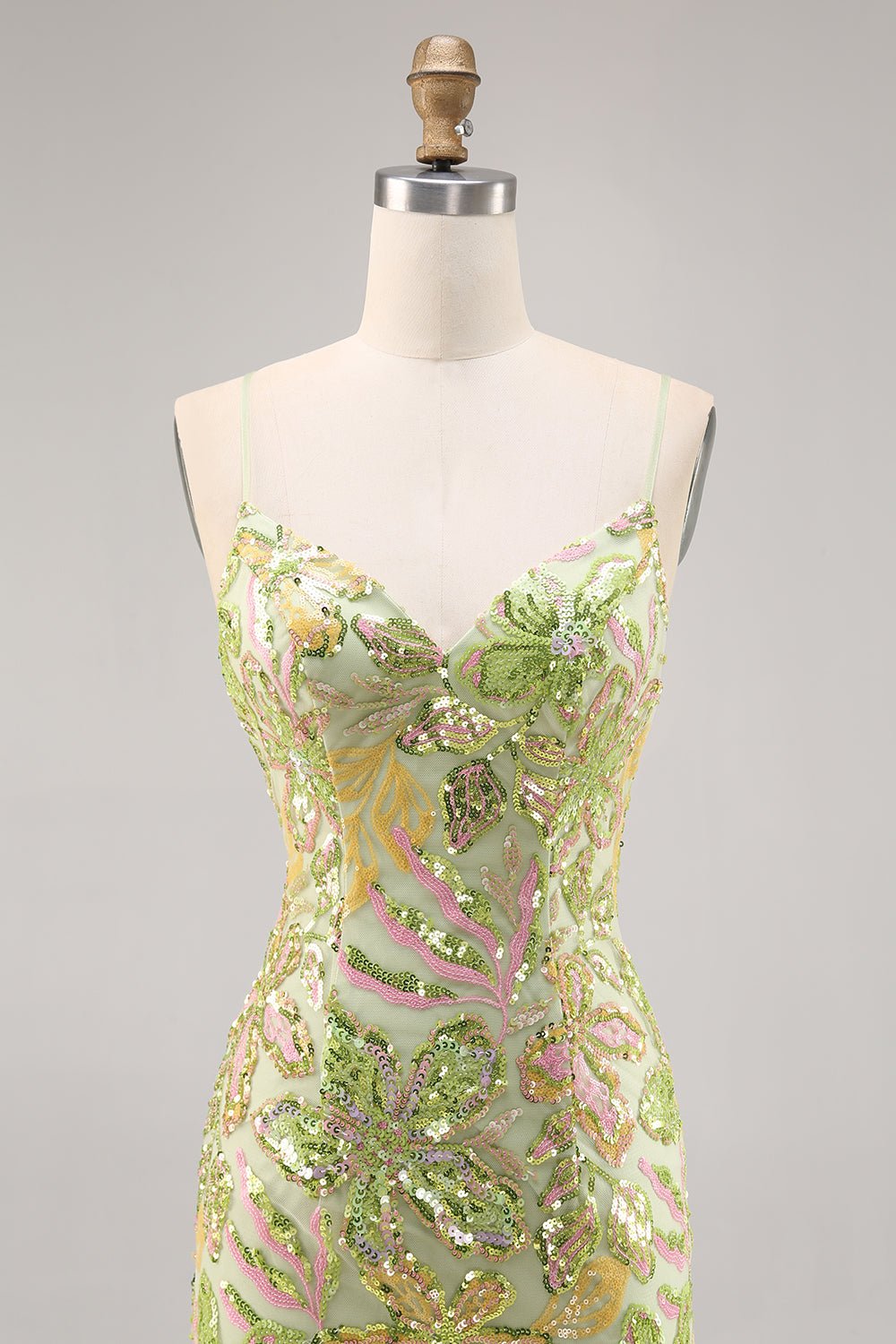 Sparkly Sage Green Sequin Bodycon Homecoming Dress with Spaghetti Straps - Image 4