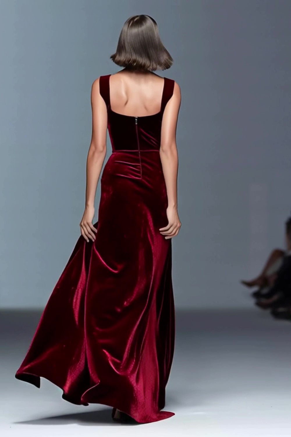 Burgundy Velvet Sheath Formal Gown with Sweetheart Neckline & High Slit - Image 2