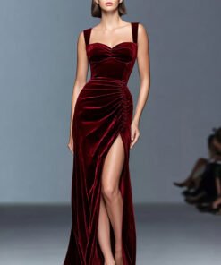 Burgundy Velvet Sheath Formal Gown with Sweetheart Neckline & High Slit