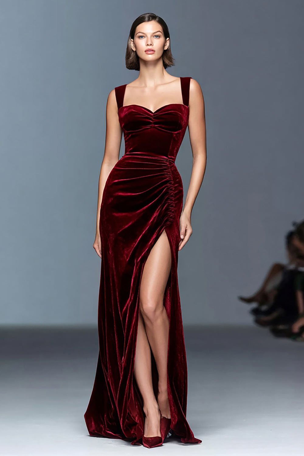 Burgundy Velvet Sheath Formal Gown with Sweetheart Neckline & High Slit