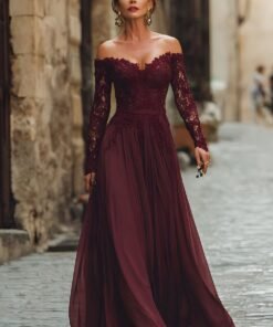 Cabernet Off-the-Shoulder Lace A-Line Mother of the Bride Gown