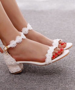 Pearl Lace Block Heel Bridal Sandals – White Wedding Shoes