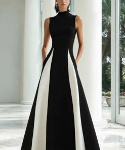 Black and White A-Line High Neck Formal Gown with Colorblock Panels